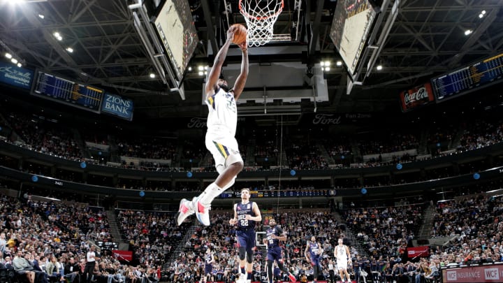 SALT LAKE CITY, UT – OCTOBER 5: Royce O’Neale #23 of the Utah Jazz dunks the ball against the Adelaide 36ers during a pre-season game on October 5, 2019 at vivint.SmartHome Arena in Salt Lake City, Utah. NOTE TO USER: User expressly acknowledges and agrees that, by downloading and or using this Photograph, User is consenting to the terms and conditions of the Getty Images License Agreement. Mandatory Copyright Notice: Copyright 2019 NBAE (Photo by Melissa Majchrzak/NBAE via Getty Images)