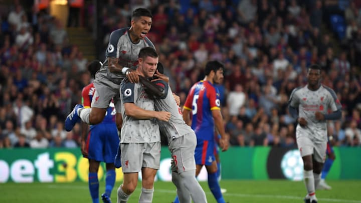 LONDON, ENGLAND - AUGUST 20: James Milner of Liverpool celebrates after scoring his sides first goal during the Premier League match between Crystal Palace and Liverpool FC at Selhurst Park on August 20, 2018 in London, United Kingdom. (Photo by Mike Hewitt/Getty Images)