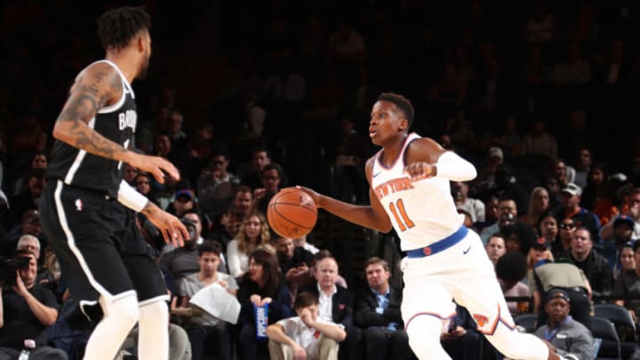 NEW YORK, NY - OCTOBER 3: Frank Ntilikina #11 of the New York Knicks handles the ball against the Brooklyn Nets during the preseason game on October 3, 2017 at Madison Square Garden in New York City, New York. Copyright 2017 NBAE (Photo by Nathaniel S. Butler/NBAE via Getty Images)