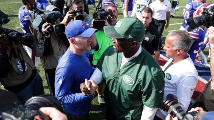 ORCHARD PARK, NY - SEPTEMBER 10: Head Coach Sean McDermott of the Buffalo Bills and Head Coach Todd Bowles of the New York Jets shake hands after the Buffalo Bills defeated the New York Jets 21-12 on September 10, 2017 at New Era Field in Orchard Park, New York. (Photo by Brett Carlsen/Getty Images)