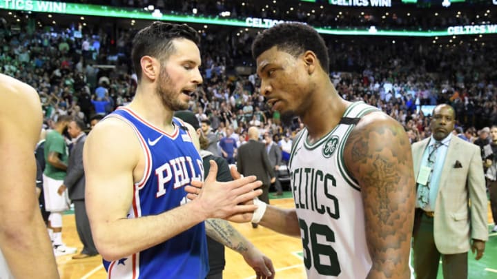 BOSTON, MA - MAY 9: Marcus Smart #36 of the Boston Celtics and JJ Redick #17 of the Philadelphia 76ers high five after the game in Game Five of the Eastern Conference Semifinals of the 2018 NBA Playoffs on May 9, 2018 at TD Garden in Boston, Massachusetts. NOTE TO USER: User expressly acknowledges and agrees that, by downloading and or using this Photograph, user is consenting to the terms and conditions of the Getty Images License Agreement. Mandatory Copyright Notice: Copyright 2018 NBAE (Photo by Brian Babineau/NBAE via Getty Images)