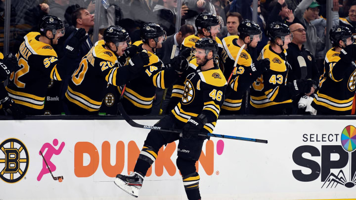 Nov 23, 2019; Boston, MA, USA; Boston Bruins center David Krejci (46) celebrates with his teammates after scoring the game-tying goal against the Minnesota Wild during the third period at the TD Garden. Mandatory Credit: Brian Fluharty-USA TODAY Sports