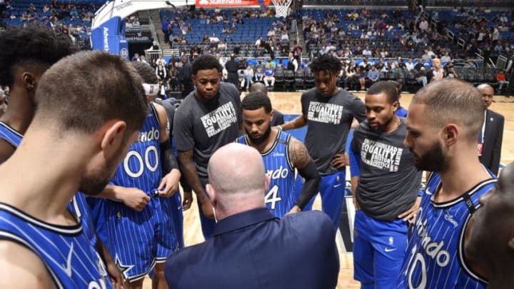 ORLANDO, FL - FEBRUARY 7: The Orlando Magic huddle up during a timeout during the game against the Minnesota Timberwolves on February 7, 2019 at Amway Center in Orlando, Florida. NOTE TO USER: User expressly acknowledges and agrees that, by downloading and or using this photograph, User is consenting to the terms and conditions of the Getty Images License Agreement. Mandatory Copyright Notice: Copyright 2019 NBAE (Photo by Fernando Medina/NBAE via Getty Images)