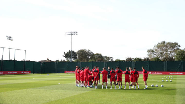 LIVERPOOL, ENGLAND - SEPTEMBER 16: A general view as players listen to Jurgen Klopp, Manager of Liverpool during the Liverpool FC training session on the eve of the UEFA Champions League match between SSC Napoli and Liverpool FC at Melwood Training Ground on September 16, 2019 in Liverpool, England. (Photo by Jan Kruger/Getty Images)