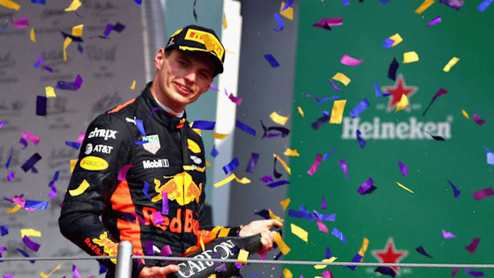 MEXICO CITY, MEXICO - OCTOBER 29: Race winner Max Verstappen of Netherlands and Red Bull Racing celebrates on the podium during the Formula One Grand Prix of Mexico at Autodromo Hermanos Rodriguez on October 29, 2017 in Mexico City, Mexico. (Photo by Clive Mason/Getty Images)