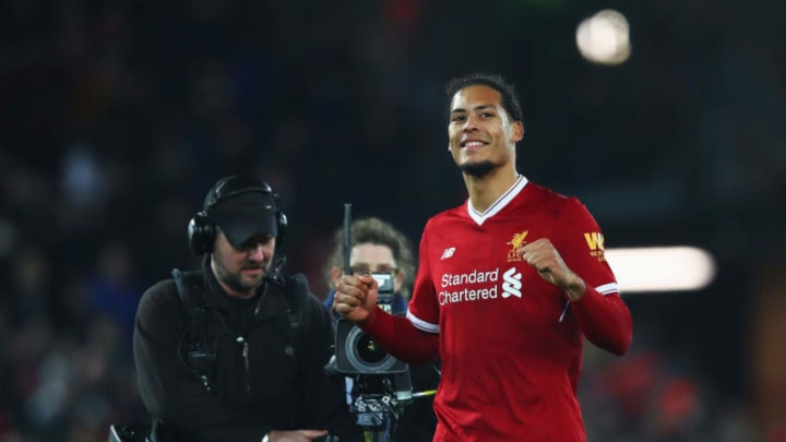 LIVERPOOL, ENGLAND – JANUARY 05: Virgil van Dijk of Liverpool celebrates victory after the Emirates FA Cup Third Round match between Liverpool and Everton at Anfield on January 5, 2018 in Liverpool, England. (Photo by Clive Brunskill/Getty Images)