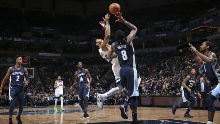 MINNEAPOLIS, MN - APRIL 9: Derrick Rose #25 of the Minnesota Timberwolves shoots the ball against the Memphis Grizzlies on April 9, 2018 at Target Center in Minneapolis, Minnesota. NOTE TO USER: User expressly acknowledges and agrees that, by downloading and or using this Photograph, user is consenting to the terms and conditions of the Getty Images License Agreement. Mandatory Copyright Notice: Copyright 2018 NBAE (Photo by David Sherman/NBAE via Getty Images)
