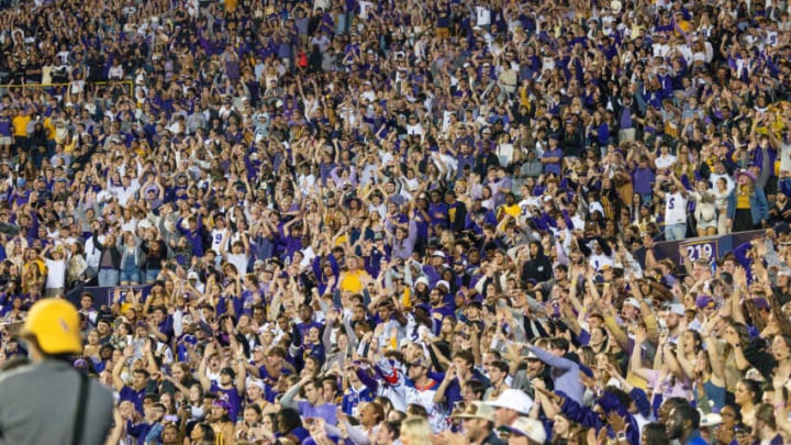Nov 11, 2023; Baton Rouge, Louisiana, USA; The LSU Tigers student section cheers a fumble recovery against the Florida Gators during the first half at Tiger Stadium. Mandatory Credit: Stephen Lew-USA TODAY Sports