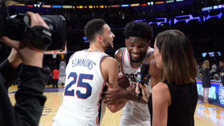 LOS ANGELES, CA – NOVEMBER 15: Ben Simmons #25 of the Philadelphia 76ers disrupts Joel Embiid’s #21post game television interview to celebrate Embiid’s career high 46-point against Los Angeles Lakers at Staples Center November 15, 2017, in Los Angeles, California. Simmons scored a triple double. NOTE TO USER: User expressly acknowledges and agrees that, by downloading and or using this photograph, User is consenting to the terms and conditions of the Getty Images License Agreement. (Photo by Kevork Djansezian)