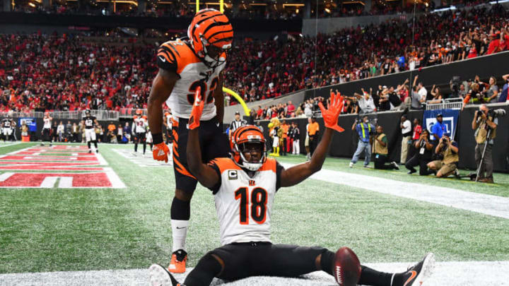 ATLANTA, GA - SEPTEMBER 30: A.J. Green #18 of the Cincinnati Bengals celebrates the game winning touchdown during the fourth quarter against the Cincinnati Bengals at Mercedes-Benz Stadium on September 30, 2018 in Atlanta, Georgia. (Photo by Scott Cunningham/Getty Images)