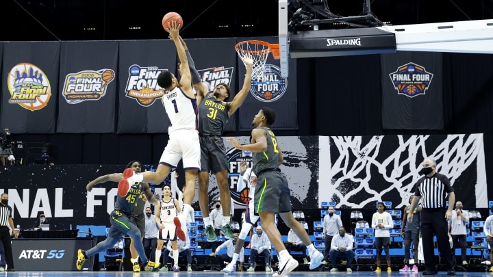 INDIANAPOLIS, INDIANA – APRIL 05: Jalen Suggs #1 of the Gonzaga Bulldogs goes up to the basket against MaCio Teague #31 of the Baylor Bears in the National Championship game of the 2021 NCAA Men’s Basketball Tournament at Lucas Oil Stadium on April 05, 2021 in Indianapolis, Indiana. (Photo by Tim Nwachukwu/Getty Images)