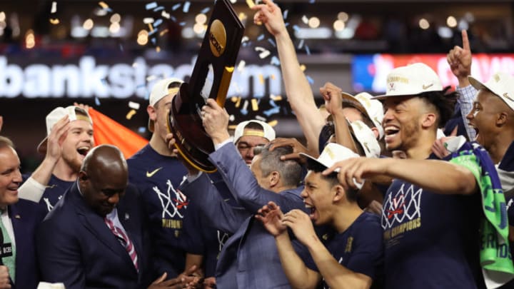 MINNEAPOLIS, MINNESOTA - APRIL 08: The Virginia Cavaliers celebrate with the trophy after their 85-77 win over the Texas Tech Red Raiders during the 2019 NCAA men's Final Four National Championship game at U.S. Bank Stadium on April 08, 2019 in Minneapolis, Minnesota. (Photo by Streeter Lecka/Getty Images)