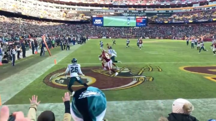An end zone angle of Carson Wentz's late touchdown throw to Miles Sanders
