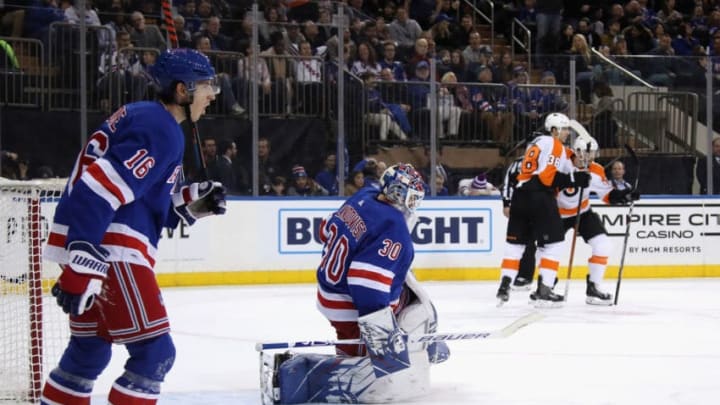 NEW YORK, NEW YORK - MARCH 01: Michael Raffl #12 of the Philadelphia Flyers celebrates his short-handed goal at 17:53 of the first period against Henrik Lundqvist #30 of the New York Rangers and is joined by Derek Grant #38 at Madison Square Garden on March 01, 2020 in New York City. (Photo by Bruce Bennett/Getty Images)