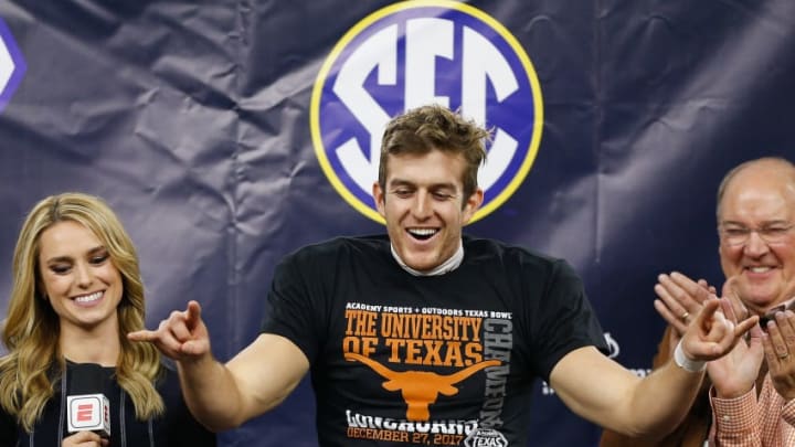 HOUSTON, TX - DECEMBER 27: Michael Dickson #13 of the Texas Longhorns is named MVP of the Academy Sports & Outdoors Bowl at NRG Stadium on December 27, 2017 in Houston, Texas. (Photo by Bob Levey/Getty Images)