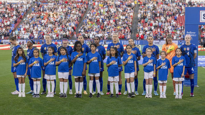FRISCO, TX – FEBRUARY 22: The USWNT stands on the field before the SheBelieves Cup game between Brazil and USWNT at Toyota Stadium on February 22, 2023 in Frisco, Texas. (Photo by Brad Smith/ISI Photos/Getty Images)