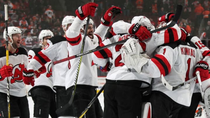 PHILADELPHIA, PA - FEBRUARY 13: Members of the New Jersey Devils celebrate after defeating the Philadelphia Flyers 5-4 in a shootout on February 13, 2018 at the Wells Fargo Center in Philadelphia, Pennsylvania. (Photo by Len Redkoles/NHLI via Getty Images)
