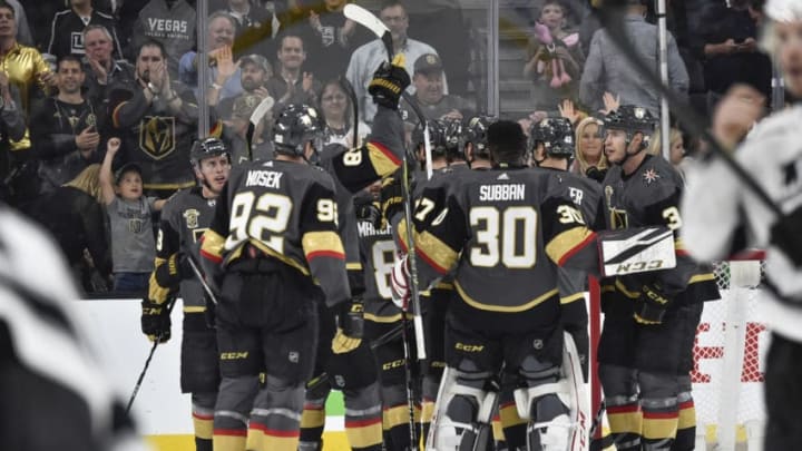 LAS VEGAS, NV - APRIL 11: The Vegas Golden Knights celebrate after defeating the Los Angeles Kings in Game One of the Western Conference First Round during the 2018 NHL Stanley Cup Playoffs at T-Mobile Arena on April 11, 2018 in Las Vegas, Nevada. (Photo by Jeff Bottari/NHLI via Getty Images)