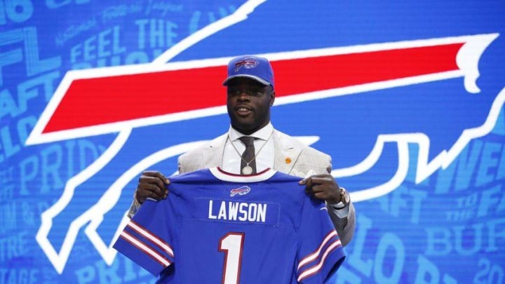 Apr 28, 2016; Chicago, IL, USA; Shaq Lawson (Clemson) after being selected by the Buffalo Bills as the number nineteen overall pick in the first round of the 2016 NFL Draft at Auditorium Theatre. Mandatory Credit: Kamil Krzaczynski-USA TODAY Sports