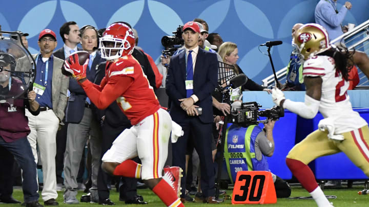 MIAMI, FLORIDA – FEBRUARY 02: Sammy Watkins #14 of the Kansas City Chiefs runs with the ball after catching a pass against the San Francisco 49ers in Super Bowl LIV at Hard Rock Stadium on February 02, 2020 in Miami, Florida. The Chiefs won the game 31-20. (Photo by Focus on Sport/Getty Images)