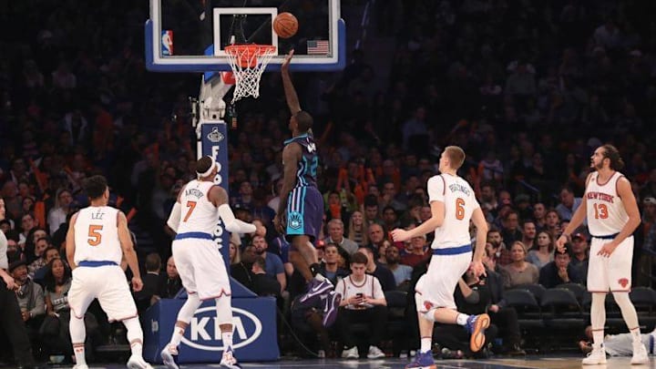 Nov 25, 2016; New York, NY, USA; Charlotte Hornets forward Marvin Williams (2) puts up the ball during the third quarter against the New York Knicks at Madison Square Garden. New York Knicks won 113-111. Mandatory Credit: Anthony Gruppuso-USA TODAY Sports