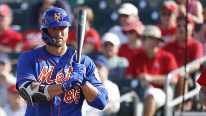 JUPITER, FL - MARCH 05: Tim Tebow #85 of the New York Mets looks on before stepping to the plate to bat against the St Louis Cardinals during a Grapefruit League spring training game at Roger Dean Stadium on March 5, 2020 in Jupiter, Florida. The game ended in a 7-7 tie. (Photo by Joe Robbins/Getty Images)