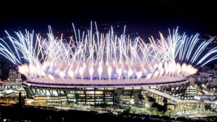 Aug 5, 2016; Rio de Janeiro, Brazil; General view of the stadium exterior fireworks during to the opening ceremonies for the Rio 2016 Summer Olympic Games at Maracana. Mandatory Credit: Guy Rhodes-USA TODAY Sports