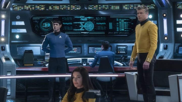 "Q&A" -- Episode SF #007 -- Pictured (l-r): Ethan Peck as Spock; Rebecca Romijn as Number One; Anson Mount as Captain Pike of the the CBS All Access series STAR TREK: SHORT TREKS. Photo Cr: Michael Gibson/CBS ©2019 CBS Interactive, Inc. All Rights Reserved.