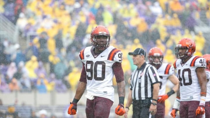 Sep 26, 2015; Greenville, NC, USA; Virginia Tech Hokies defensive linemen Dadi Lhomme Nicolas (90) looks on during the game against the East Carolina Pirates at Dowdy-Ficklen Stadium. The East Carolina Pirates defeated the Virginia Tech Hokies 35-28. Mandatory Credit: James Guillory-USA TODAY Sports