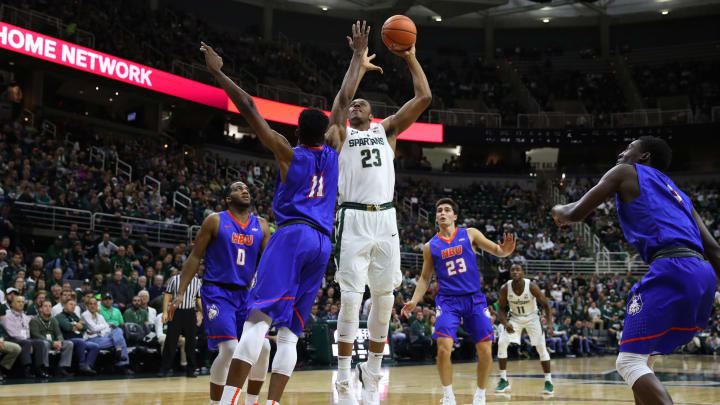 EAST LANSING, MI – DECEMBER 18: Xavier Tillman #23 of the Michigan State Spartans goes to the basket against the Houston Baptist Huskies at the Jack T. Breslin Student Events Center on December 18, 2017 in East Lansing, Michigan. (Photo by Gregory Shamus/Getty Images)