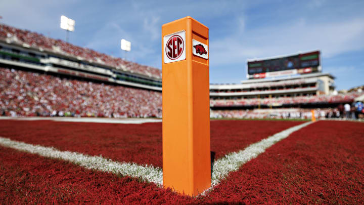 End Zone marker during a game between the Arkansas Razorbacks and the Mississippi State Bulldogs