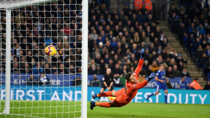 LEICESTER, ENGLAND - DECEMBER 26: Ederson of Manchester City watches as Ricardo Pereira of Leicester City (not pictured) shot goes past him for Leicester City second goal during the Premier League match between Leicester City and Manchester City at The King Power Stadium on December 26, 2018 in Leicester, United Kingdom. (Photo by Shaun Botterill/Getty Images)