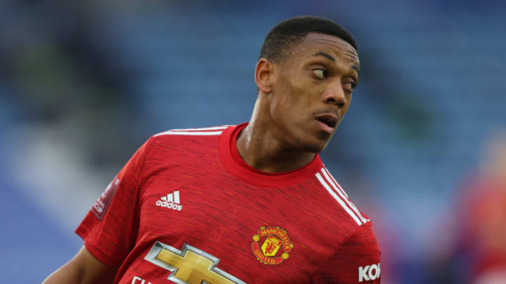 LEICESTER, ENGLAND - MARCH 21: Anthony Martial of Manchester United during the Emirates FA Cup Quarter Final match between Leicester City and Manchester United at The King Power Stadium on March 21, 2021 in Leicester, England. Sporting stadiums around the UK remain under strict restrictions due to the Coronavirus Pandemic as Government social distancing laws prohibit fans inside venues resulting in games being played behind closed doors. (Photo by Marc Atkins/Getty Images)