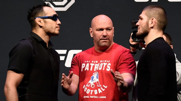 BOSTON, MA - JANUARY 19: (L-R) Opponents Tony Ferguson and Khabib Nurmagomedov face off during the UFC press conference at TD Garden on January 19, 2018 in Boston, Massachusetts. (Photo by Jeff Bottari/Zuffa LLC/Zuffa LLC via Getty Images)