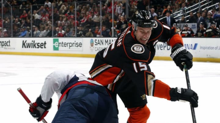 ANAHEIM, CA - DECEMBER 6: Ryan Getzlaf #15 of the Anaheim Ducks battles for the puck during the game against the Washington Capitals at Honda Center on December 6, 2019 in Anaheim, California. (Photo by Debora Robinson/NHLI via Getty Images)