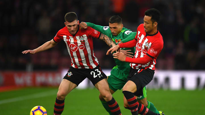 SOUTHAMPTON, ENGLAND - NOVEMBER 10: Jose Holebas of Watford battles for possession with Pierre-Emile Hojbjerg and Maya Yoshida of Southampton during the Premier League match between Southampton FC and Watford FC at St Mary's Stadium on November 10, 2018 in Southampton, United Kingdom. (Photo by Harry Trump/Getty Images) SOUTHAMPTON, ENGLAND - NOVEMBER 10: Jose Holebas of Watford battles for possession with Pierre-Emile Hojbjerg and Maya Yoshida of Southampton during the Premier League match between Southampton FC and Watford FC at St Mary's Stadium on November 10, 2018 in Southampton, United Kingdom. (Photo by Harry Trump/Getty Images)