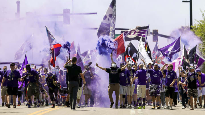 Apr 9, 2017; Orlando, FL, USA; Orlando City SC supporters march to the stadium prior to a game against the New York Red Bulls at Orlando City Stadium. Mandatory Credit: Logan Bowles-USA TODAY Sports