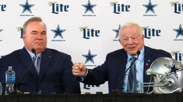 Jan 8, 2020; Frisco, Texas, USA; Dallas Cowboys owner Jerry Jones answers questions with new head coach Mike McCarthy during a press conference at Ford Center at the Star. Mandatory Credit: Matthew Emmons-USA TODAY Sports