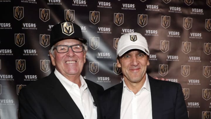 LAS VEGAS, NV - NOVEMBER 22: Majority owner Bill Foley (L) and general manager George McPhee attend the unveiling of the new logo and name for the Vegas Golden Knights in Toshiba Plaza at T-Mobile Arena November 22, 2016 in Las Vegas, Nevada. The Golden Knights will begin play in the 2017-18 season. (Photo by Isaac Brekken/NHLI via Getty Images)