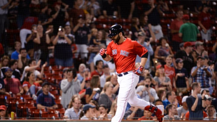 BOSTON, MA - AUGUST 9: Mitch Moreland #18 of the Boston Red Sox runs to home plate after hitting a home run in the eighth inning against the Los Angeles Angels at Fenway Park on August 9, 2019 in Boston, Massachusetts. (Photo by Kathryn Riley/Getty Images)