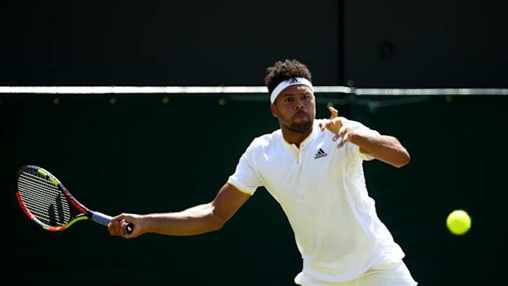 LONDON, ENGLAND - JULY 05: Jo-Wilfried Tsonga of France plays a forehand during the Gentlemen's Singles second round match against Simone Bolelli of Italy on day three of the Wimbledon Lawn Tennis Championships at the All England Lawn Tennis and Croquet Club on July 5, 2017 in London, England. (Photo by Julian Finney/Getty Images)