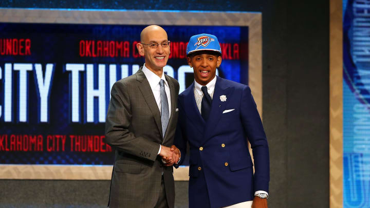 NEW YORK, NY – JUNE 25: Cameron Payne meets with Commissioner Adam Silver after being selected 14th overall by the Oklahoma City Thunder in the First Round of the 2015 NBA Draft at the Barclays Center on June 25, 2015 in the Brooklyn borough of New York City. (Photo by Elsa/Getty Images)