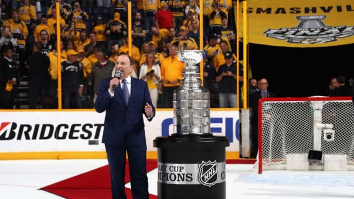 NASHVILLE, TN - JUNE 11: NHL commissioner Gary Bettman speaks to the crowd before presenting the Conn Smythe Trophy after the Penguins defeated the Nashville Predators 2-0 to win the 2017 NHL Stanley Cup Final at Bridgestone Arena on June 11, 2017 in Nashville, Tennessee. (Photo by Dave Sandford/NHLI via Getty Images)