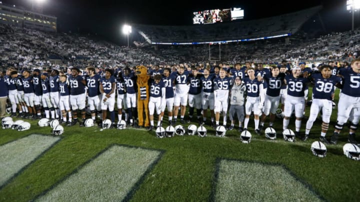 Oct 2, 2021; University Park, Pennsylvania, USA; Penn State Nittany Lion players sing their alma mater after a game against the Indiana Hoosiers at Beaver Stadium. Penn State won 24-0. Mandatory Credit: Matthew OHaren-USA TODAY Sports