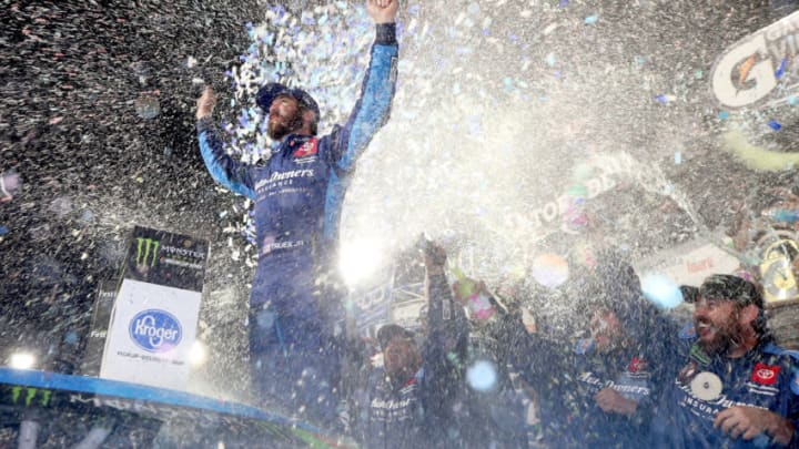 MARTINSVILLE, VIRGINIA - OCTOBER 27: Martin Truex Jr, driver of the #19 Auto Owners Insurance Toyota, celebrates in Victory Lane after winning the Monster Energy NASCAR Cup Series First Data 500 at Martinsville Speedway on October 27, 2019 in Martinsville, Virginia. (Photo by Matt Sullivan/Getty Images)