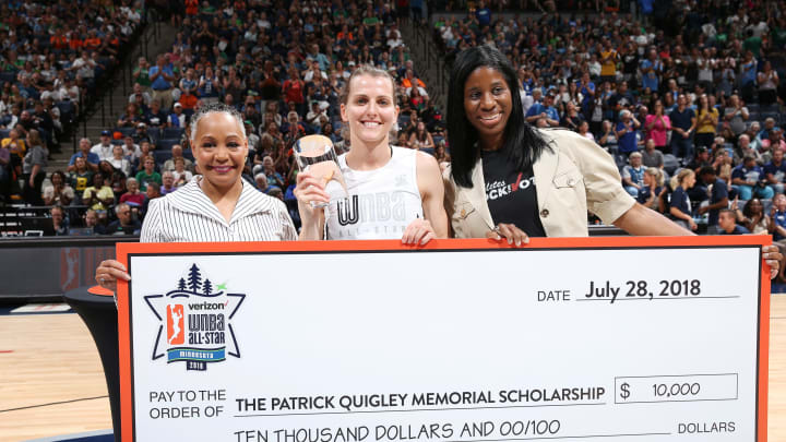 MINNEAPOLIS, MN – JULY 28: WNBA President Lisa Borders presents Allie Quigley #14 of the Chicago Sky with the Trophy during the Three-Point Contest during halftime during the Verizon WNBA All-Star Game 2018 on July 28, 2018 at the Target Center in Minneapolis, Minnesota. NOTE TO USER: User expressly acknowledges and agrees that, by downloading and/or using this photograph, user is consenting to the terms and conditions of the Getty Images License Agreement. Mandatory Copyright Notice: Copyright 2018 NBAE (Photo by David Sherman/NBAE via Getty Images)