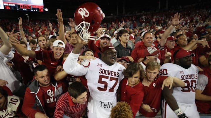 COLUMBUS, OH - SEPTEMBER 09: Du'Vonta Lampkin #57 and Neville Gallimore #90 of the Oklahoma Sooners celebrate with fans after defeating the Ohio State Buckeyes 31-16 at Ohio Stadium on September 9, 2017 in Columbus, Ohio. (Photo by Gregory Shamus/Getty Images)