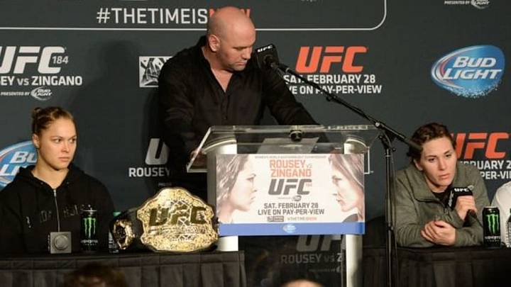 Feb 28, 2015; Los Angeles, CA, USA; Ronda Rousey , UFC president Dana White and Cat Zingano at the post fight press conference for UFC 184 at Staples Center. Mandatory Credit: Jayne Kamin-Oncea-USA TODAY Sports