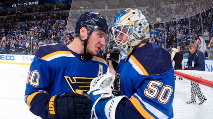 ST. LOUIS, MO - OCTOBER 24: Alexander Steen #20 of the St. Louis Blues congratulates Jordan Binnington #50 of the St. Louis Blues after beating the Los Angeles Kings 5-2 at Enterprise Center on October 24, 2019 in St. Louis, Missouri. (Photo by Joe Puetz/NHLI via Getty Images)