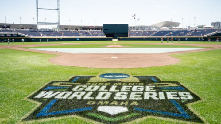 Jun 19, 2022; Omaha, NE, USA; The 2022 NCAA College World Series logo is pictured on the field before the game between the Texas Longhorns and the Texas A&M Aggies at Charles Schwab Field. Mandatory Credit: Dylan Widger-USA TODAY Sports